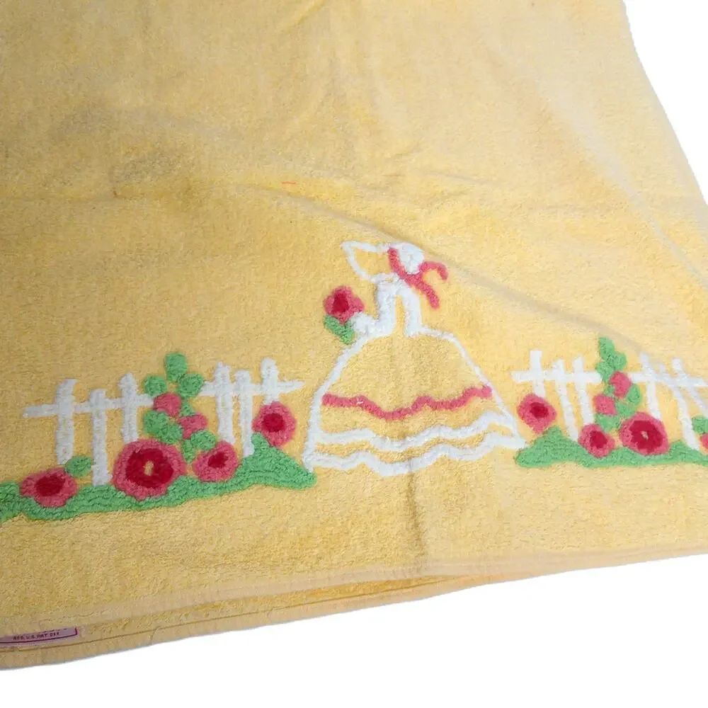 Vintage Martex Yellow Bath Towel Southern Belle Crinoline Lady Punch Needle